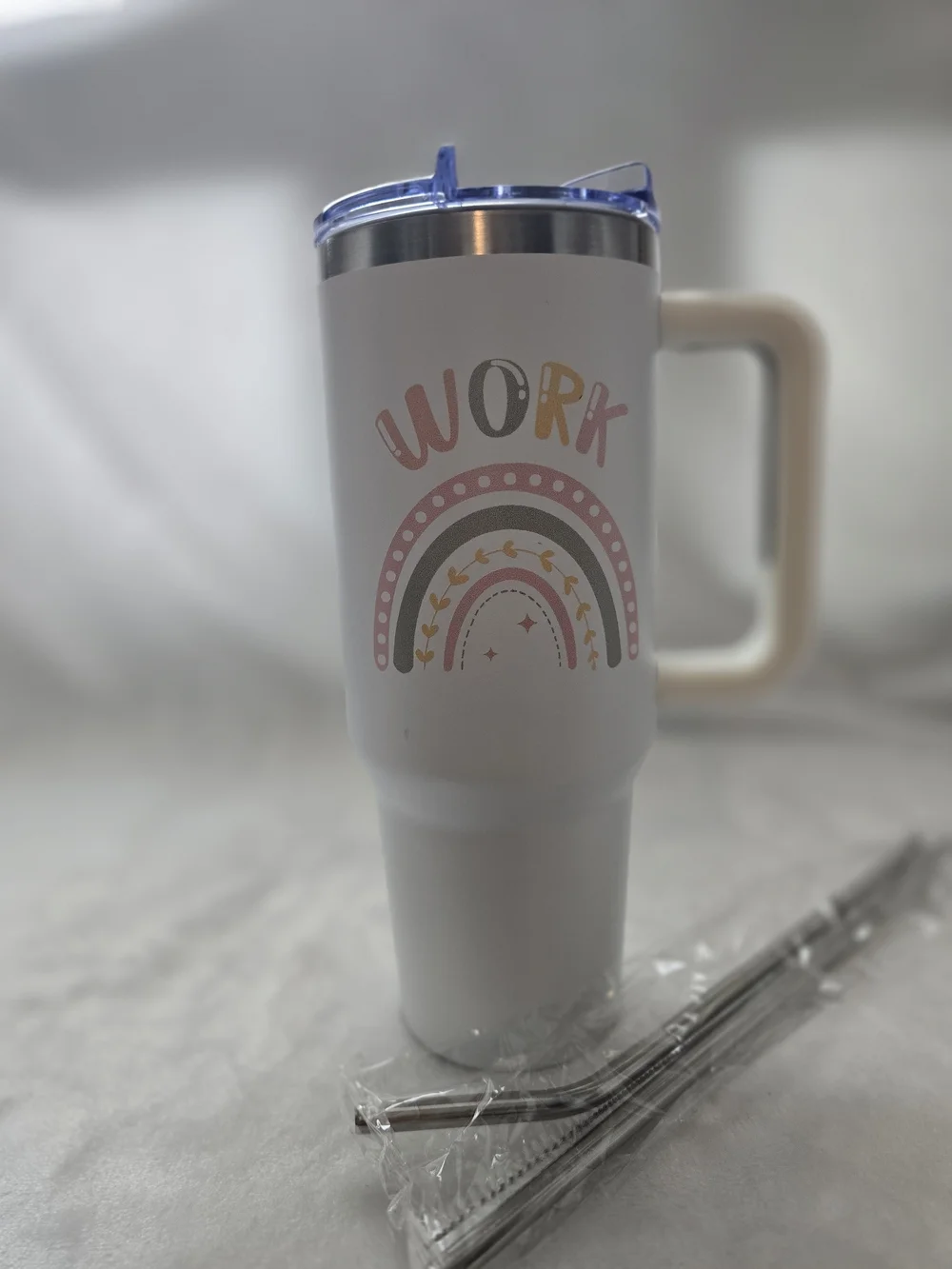 Work Rainbow White Stainless Travel Mug with Handle